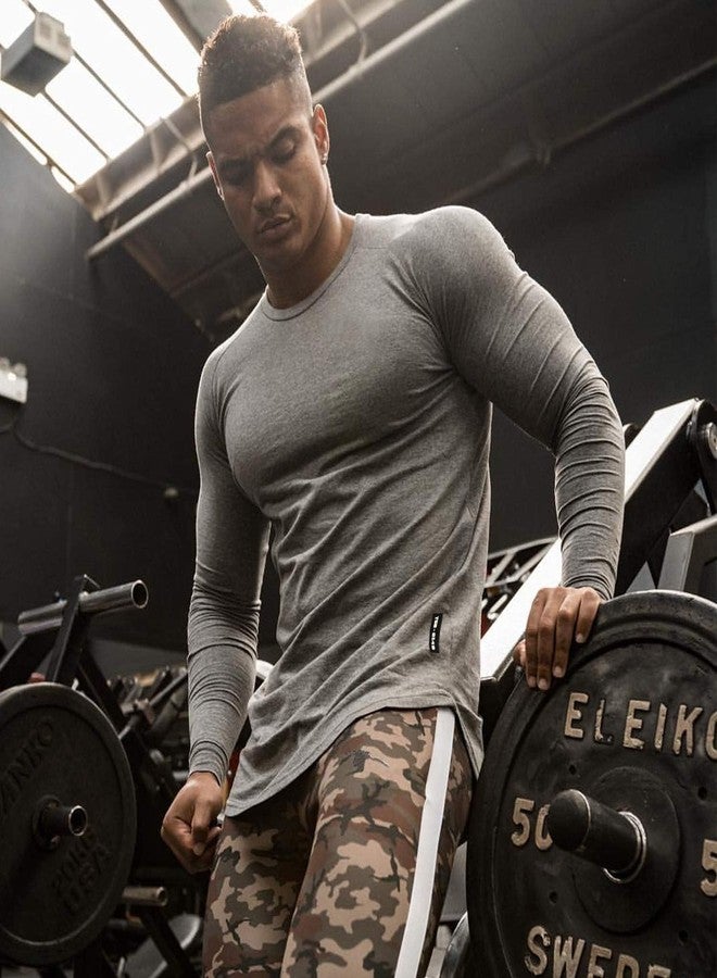 TEZO Mens Gym Workout Slim Fit Long Sleeve T-Shirt Cotton Performance Athletic Shirts Running Fitness Tee Loungewear(GY L) Gray - Image 4